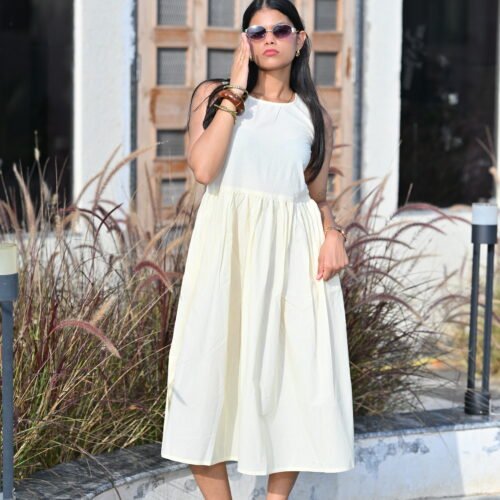 Women’s Solid Cream A-Line Midi Dress | Sleeveless Flared Summer Dress