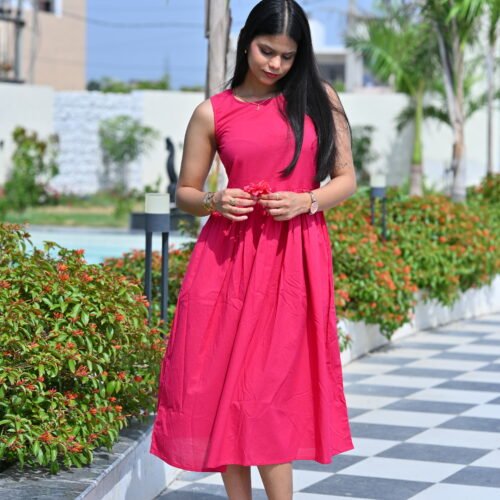 Women’s Solid Pink A-Line Midi Dress | Sleeveless Flared Cotton Dress