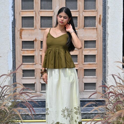 Women’s Olive Green Peplum Top & Hand Block Printed Palazzo Pants Set | Ivory Co-Ord Set