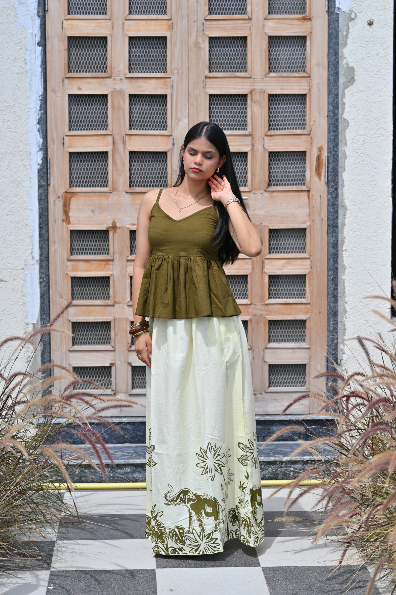 Women’s Olive Green Peplum Top & Hand Block Printed Palazzo Pants Set | Ivory Co-Ord Set