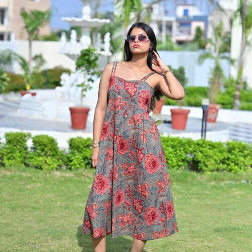 Women’s Hand Block Printed Floral A-Line Midi Dress | Spaghetti Strap Cross-Back Dress