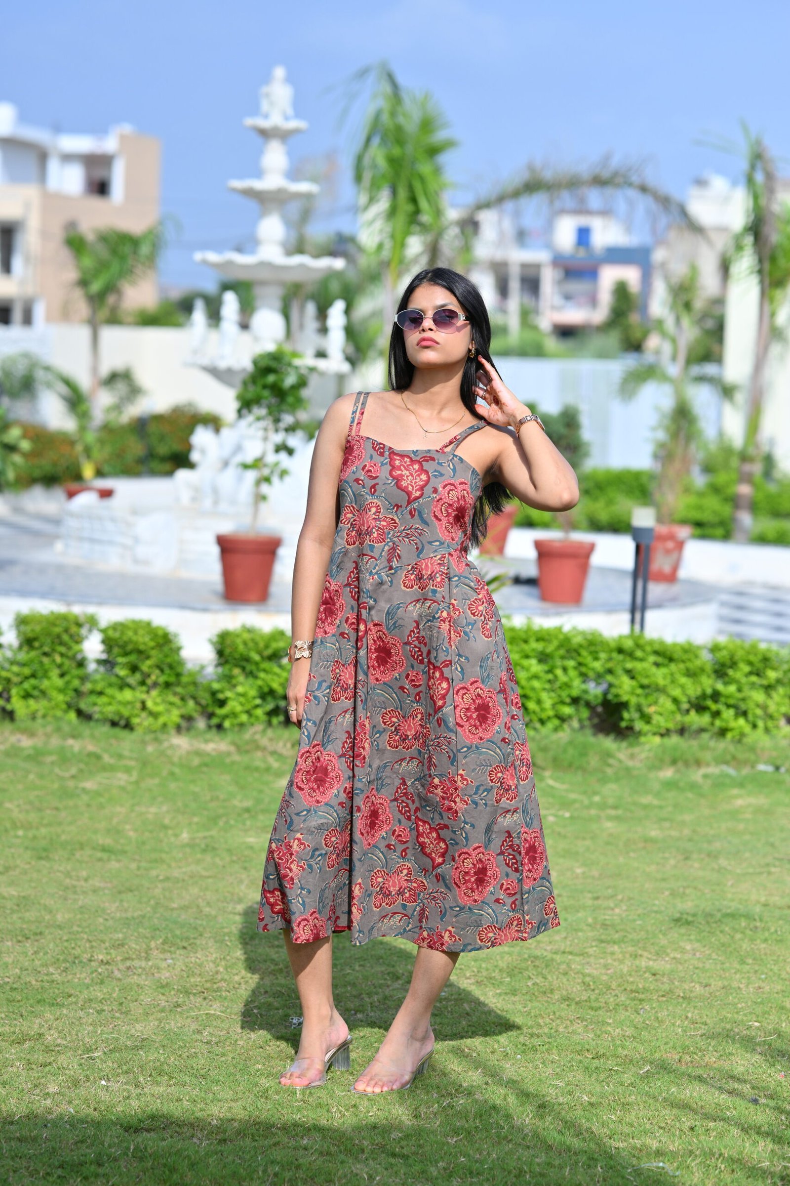 Women’s Hand Block Printed Floral A-Line Midi Dress | Spaghetti Strap Cross-Back Dress