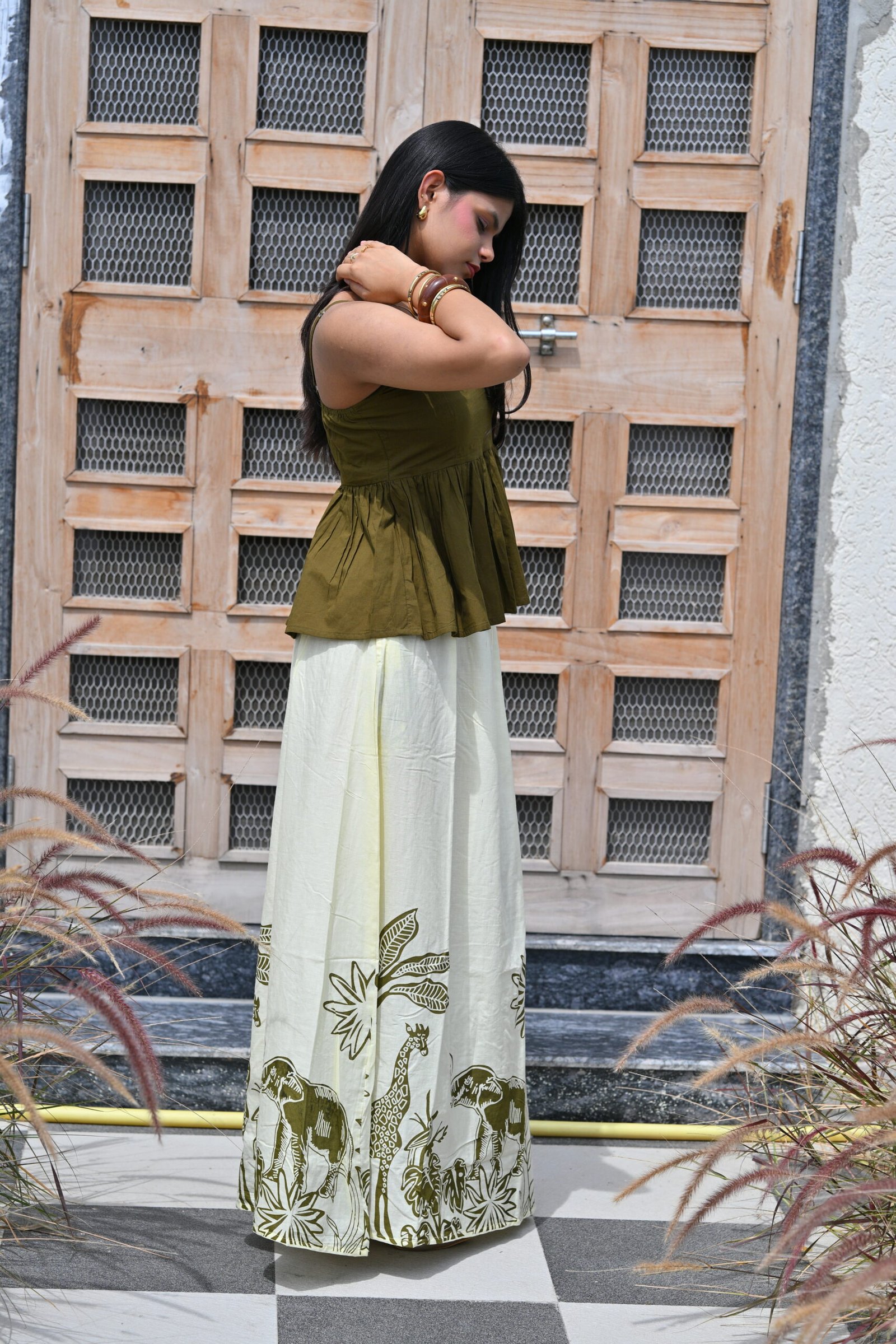 Women’s Olive Green Peplum Top & Hand Block Printed Palazzo Pants Set | Ivory Co-Ord Set - Image 4