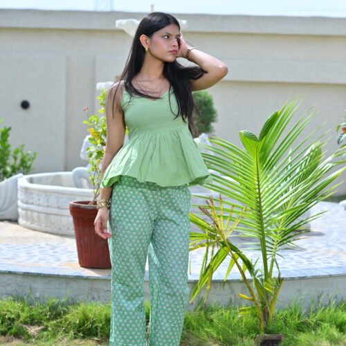 Women’s Green Hand Block Printed Peplum Top & Palazzo Pants Set | Floral Co-Ord Set