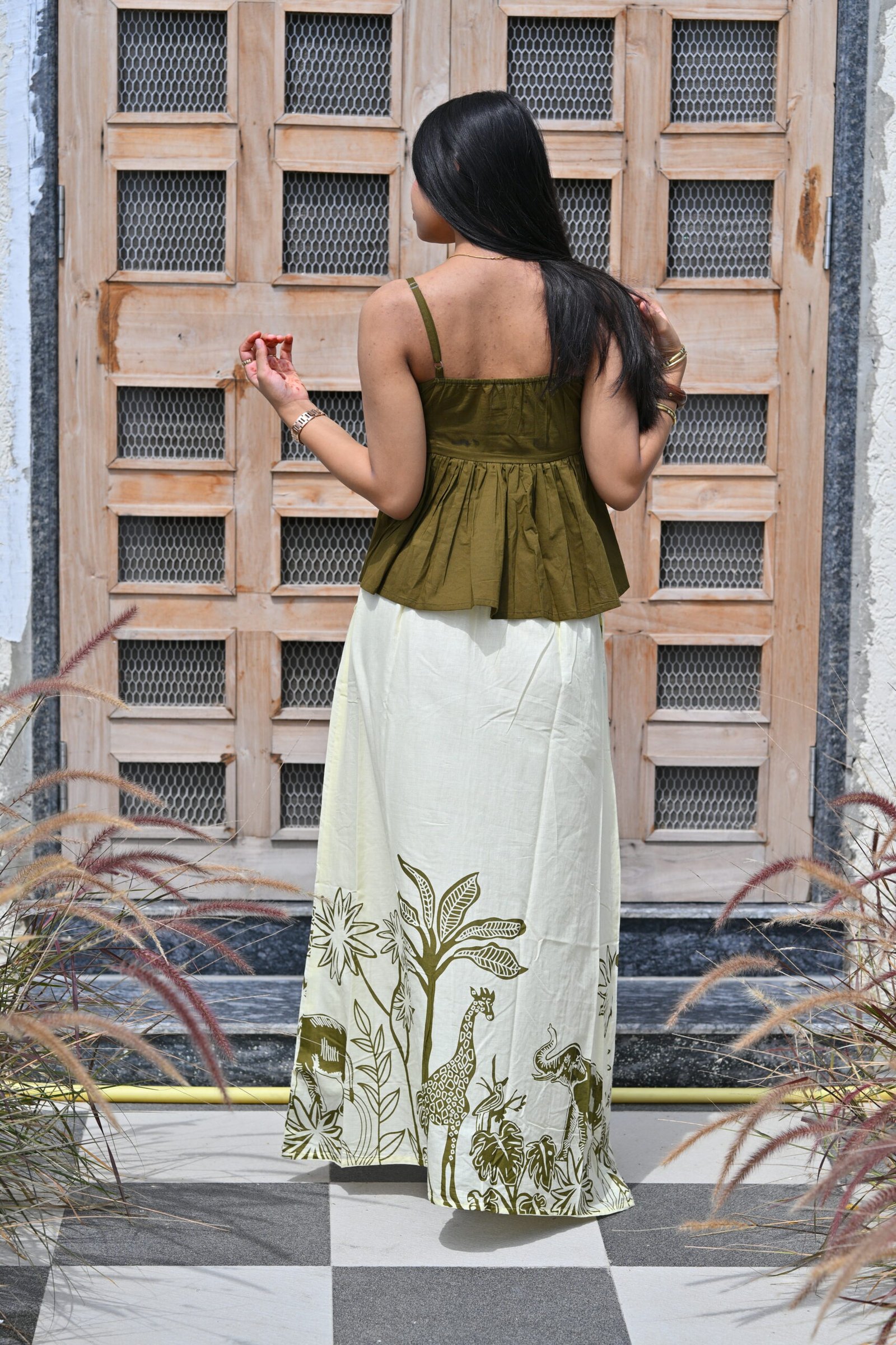 Women’s Olive Green Peplum Top & Hand Block Printed Palazzo Pants Set | Ivory Co-Ord Set - Image 3
