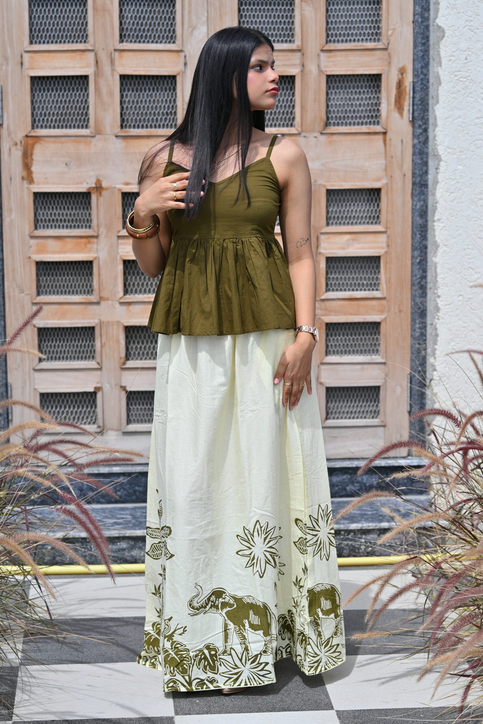 Women’s Olive Green Peplum Top & Hand Block Printed Palazzo Pants Set | Ivory Co-Ord Set - Image 2