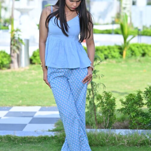 Women’s Sage Green Peplum Top with Printed Straight Pants Co-Ord Set