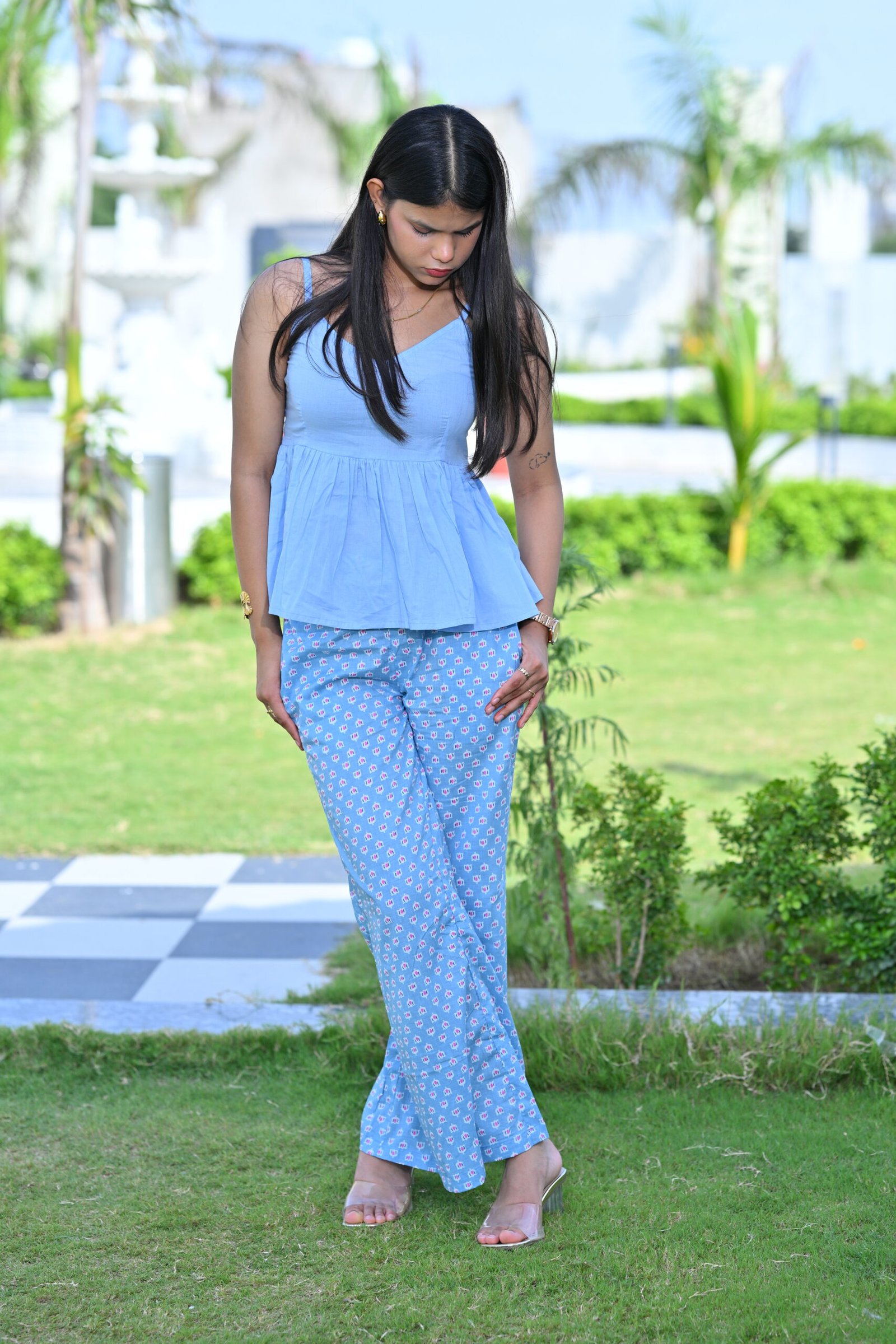 Women’s Sage Green Peplum Top with Printed Straight Pants Co-Ord Set