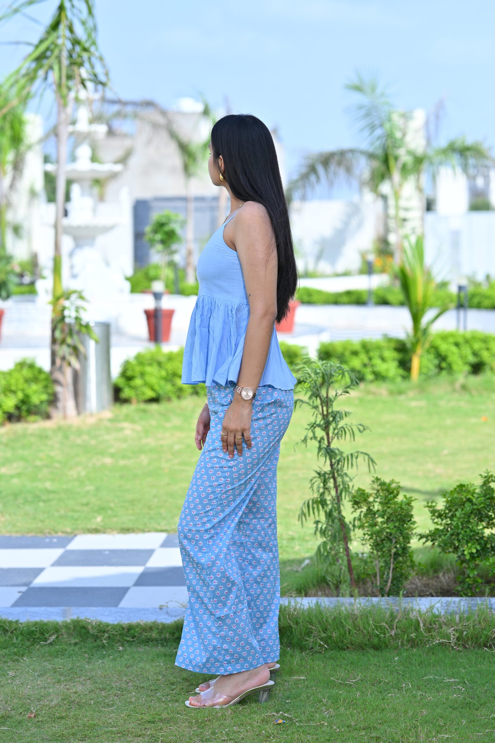 Women’s Sage Green Peplum Top with Printed Straight Pants Co-Ord Set - Image 2