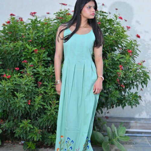 Women’s Mint Green Hand-Painted Floral Ankle-Length Dress