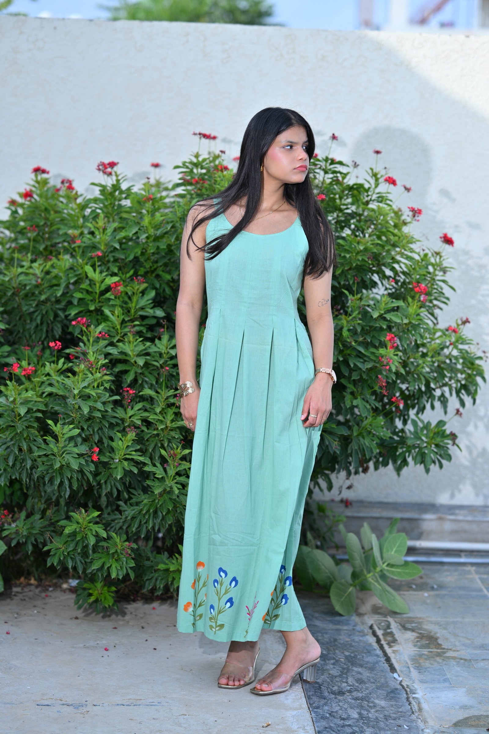 Women’s Mint Green Hand-Painted Floral Ankle-Length Dress