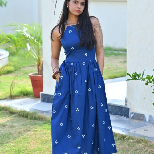 Women’s Azure Blue Printed Cotton Midi Dress with Strappy Back