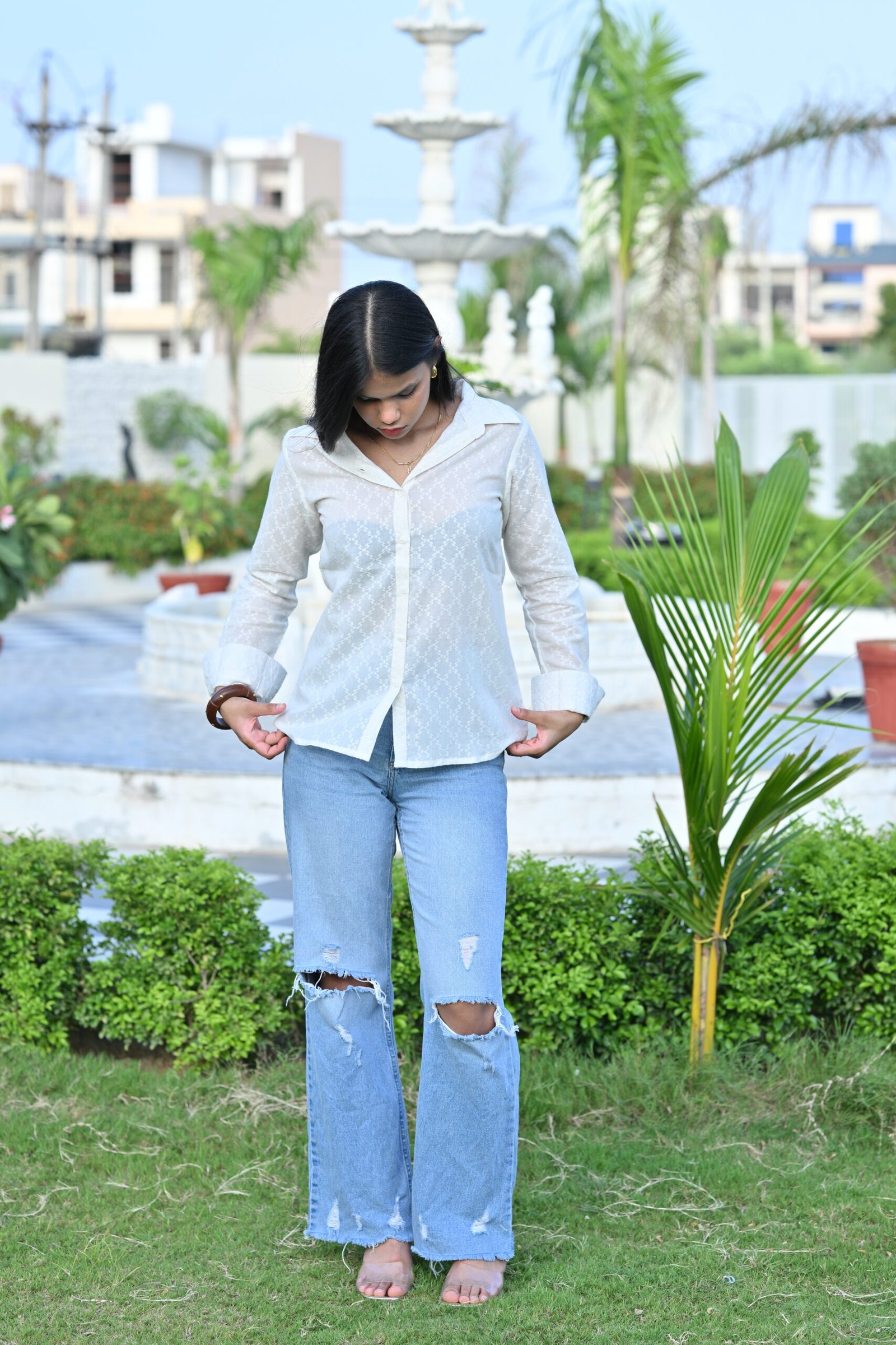 Women’s White Printed Cotton Shirt with Long Sleeves - Image 3